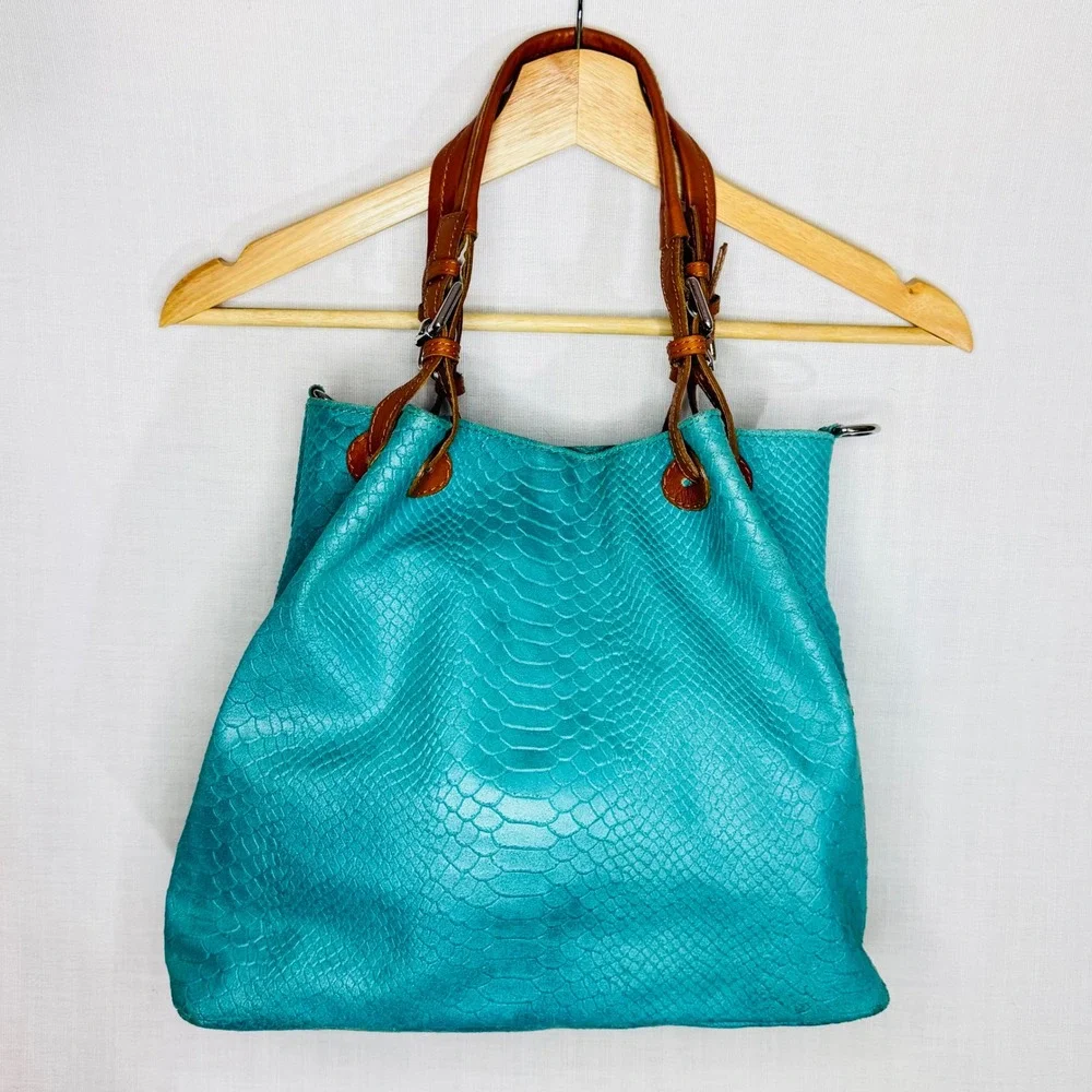 Borse in Pelle Italian Turquoise Snakeskin Embossed Leather Tote Shoulder Bag
